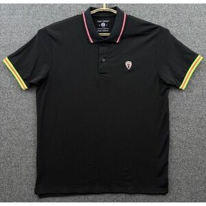 Mad Chuck Polo‎ Shirt Mens Medium Black Pima Cotton Pink Collar Short Sleeve
